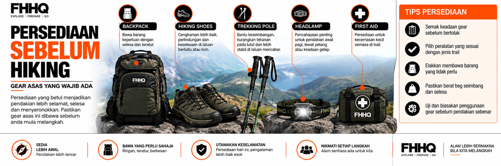 Peralatan asas hiking seperti backpack, hiking shoes, trekking pole, headlamp dan first aid kit