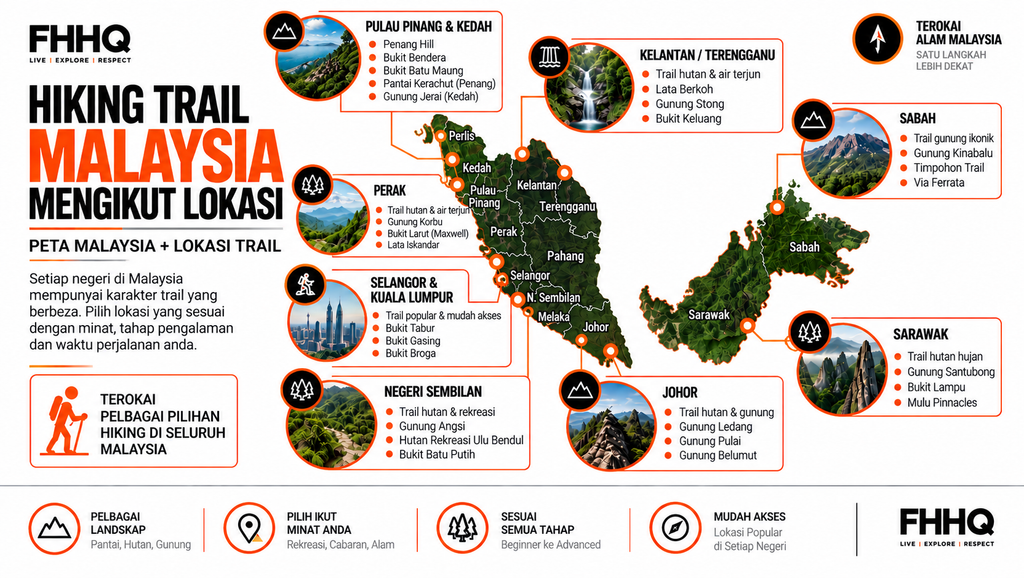 Peta Malaysia menunjukkan lokasi hiking trail mengikut negeri dan kawasan untuk aktiviti hiking