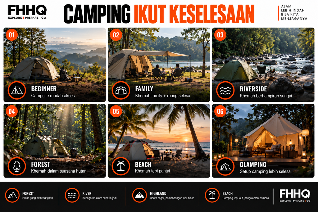 Jenis camping Malaysia untuk beginner, family, riverside, forest, beach dan glamping