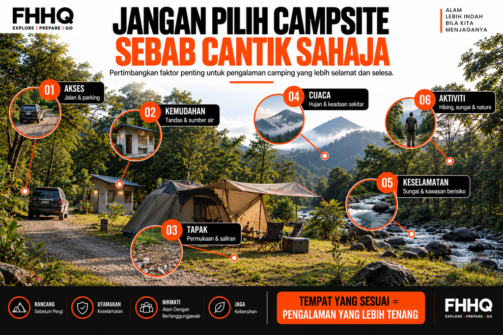 Panduan memilih campsite Malaysia berdasarkan akses, kemudahan, cuaca dan keselamatan