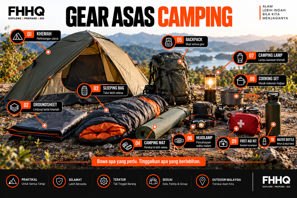 Gear asas camping Malaysia seperti khemah, groundsheet, sleeping bag dan headlamp