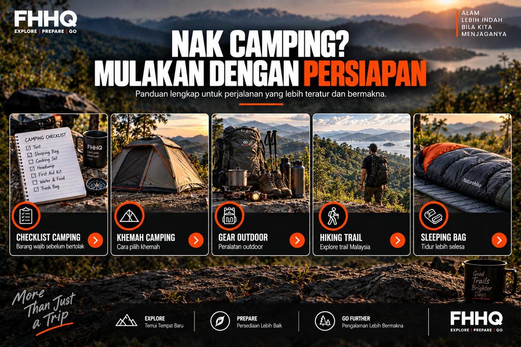 Panduan camping FHHQ merangkumi checklist, khemah, gear outdoor dan hiking trail